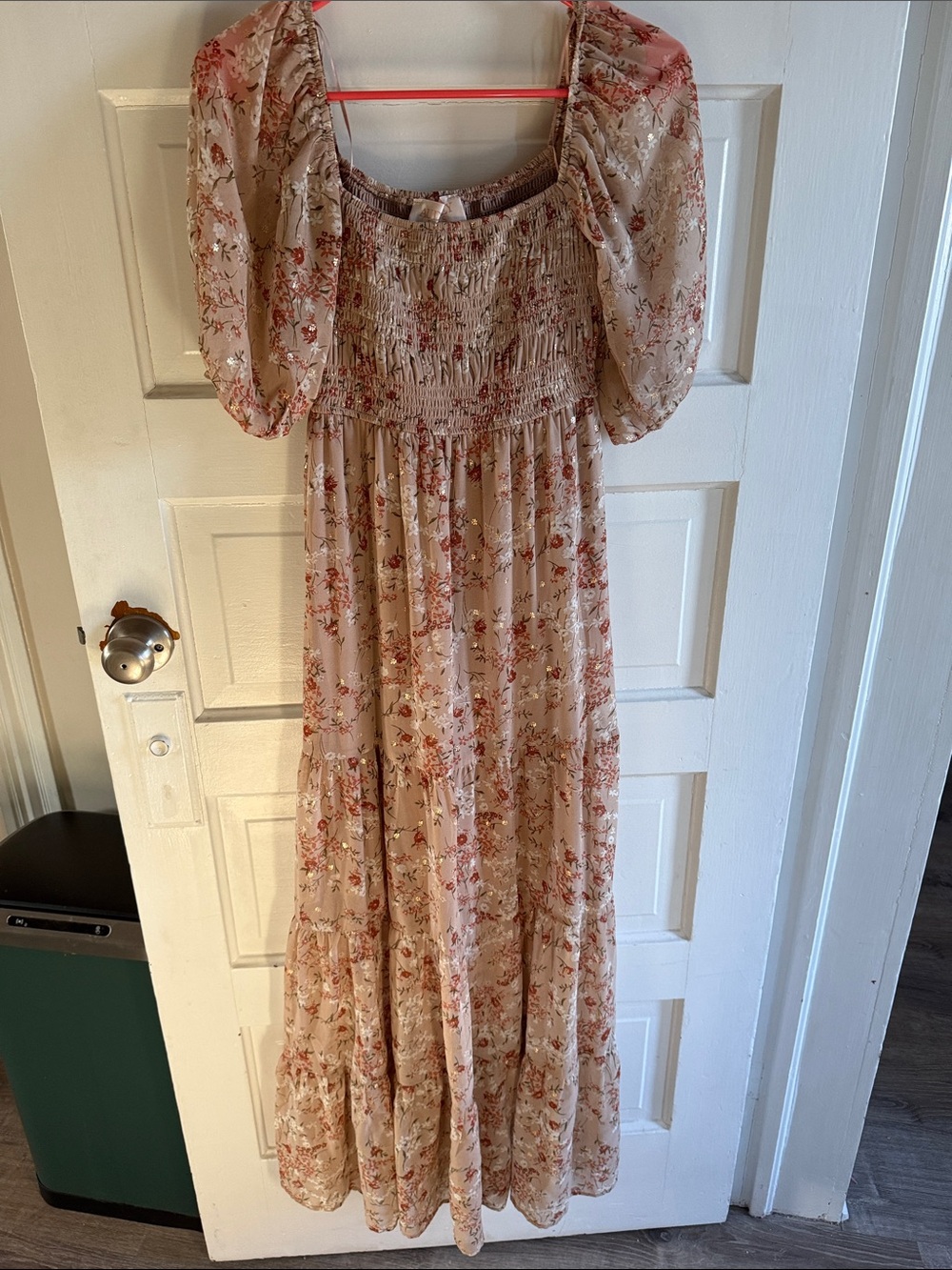 Smocked Puff-Sleeve Floral Maxi Dress in Blush